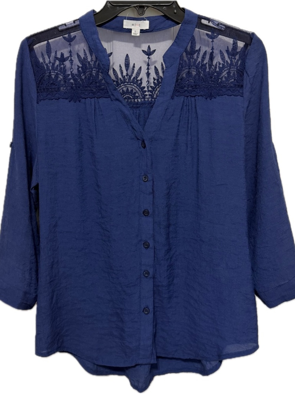 mine Navy Blue Lace Yoke Button-Front Blouse